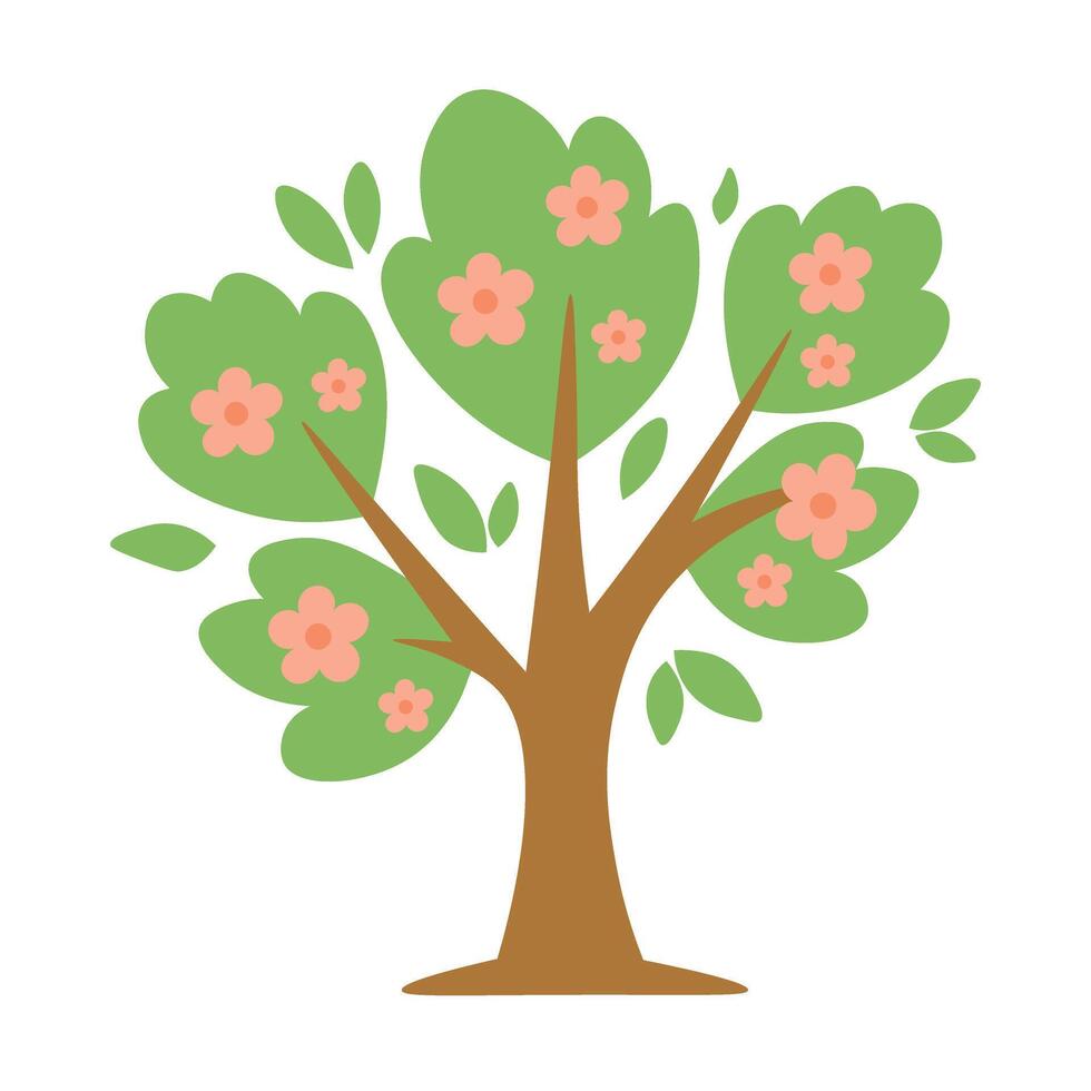 illustration of blooming spring tree with leaves and flowers, isolated in flat cartoon style. vector