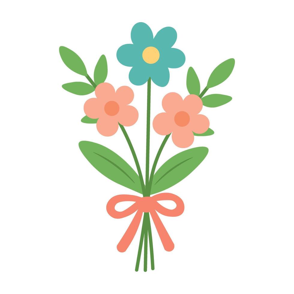 Cartoon flower bouquet with ribbon. Cute flat spring illustration perfect for holiday and greeting cards. vector