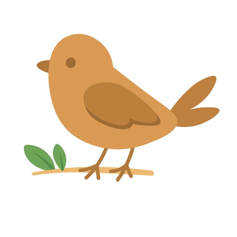 Cute yellow bird standing on the ground with small leaves. Cheerful spring flat doodle. vector