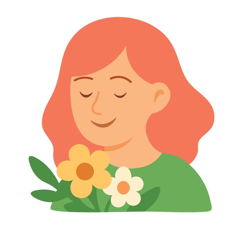 Calm red-haired girl with closed eyes and spring flowers. Gentle and peaceful illustration. vector