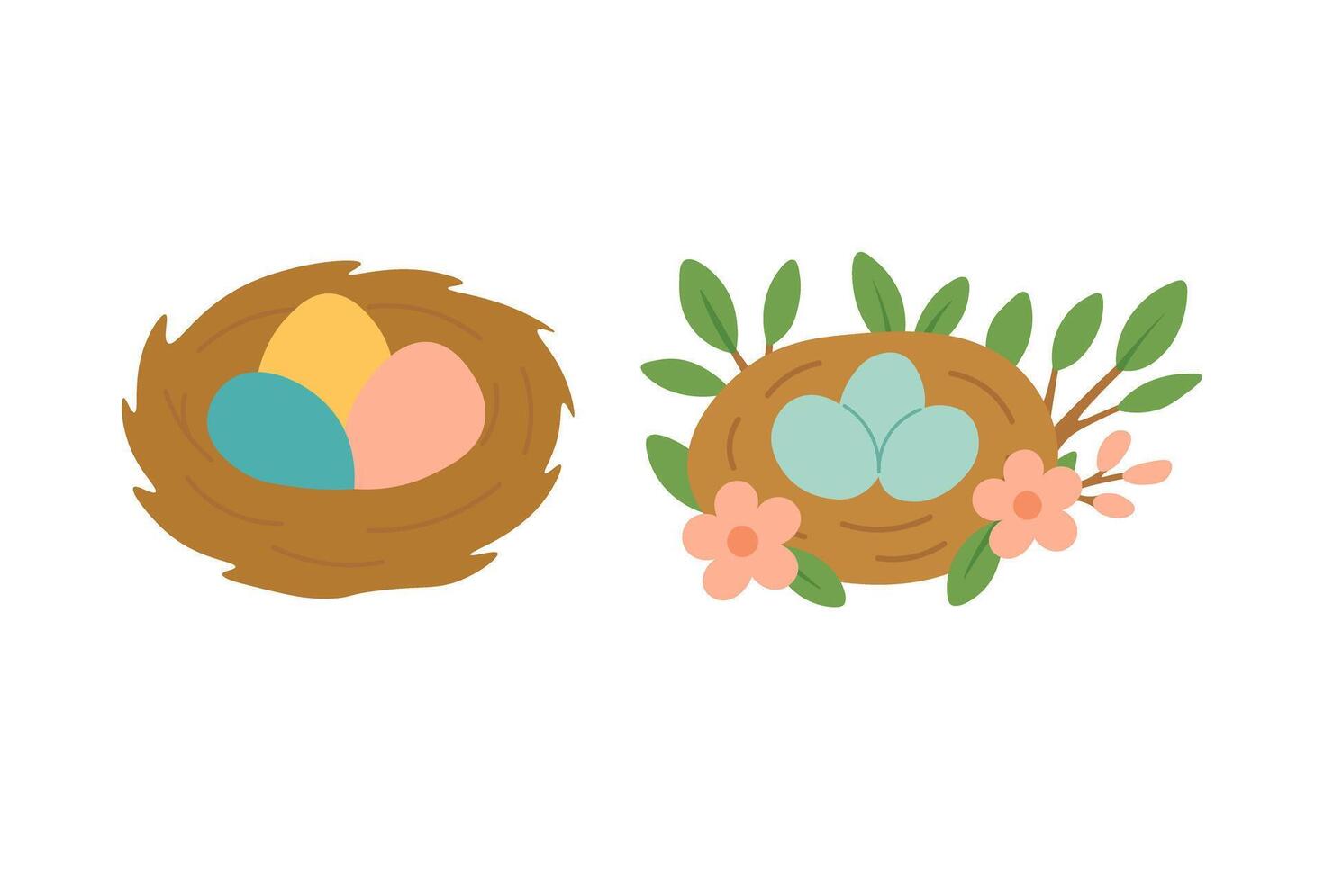 Two cute spring bird nests with bright eggs, green leaves and flowers in cartoon style. vector
