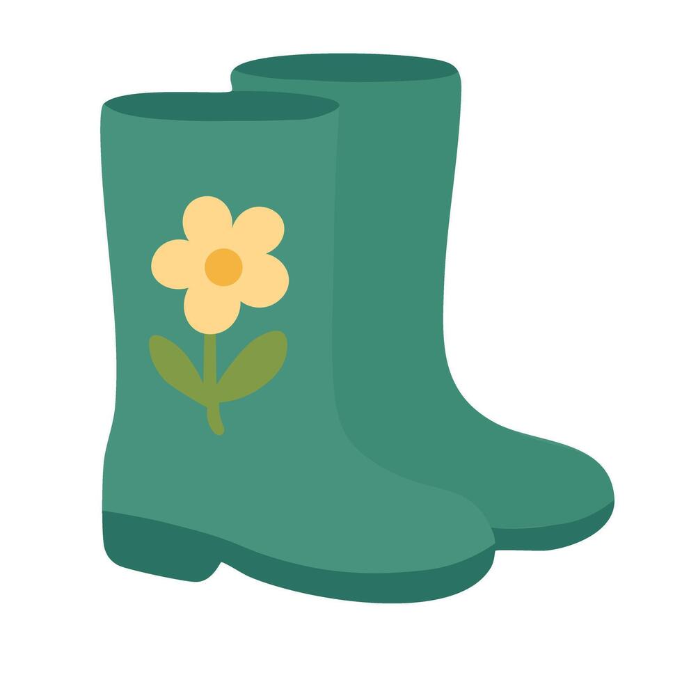 Cute green rubber boots with yellow flower. Perfect for spring gardening and cheerful rainy days. vector