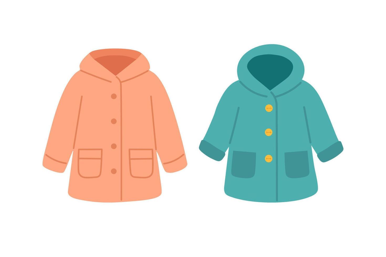 Two cute colorful raincoats with hoods. Cartoon style spring outerwear for rainy weather. vector