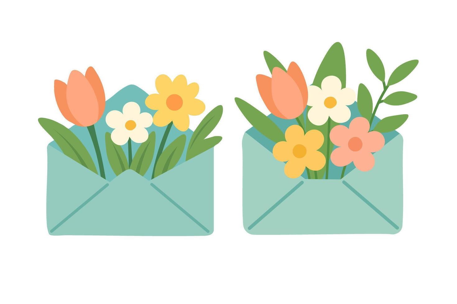 Two pastel envelopes filled with colorful spring flowers and leaves. Bright seasonal illustration. vector
