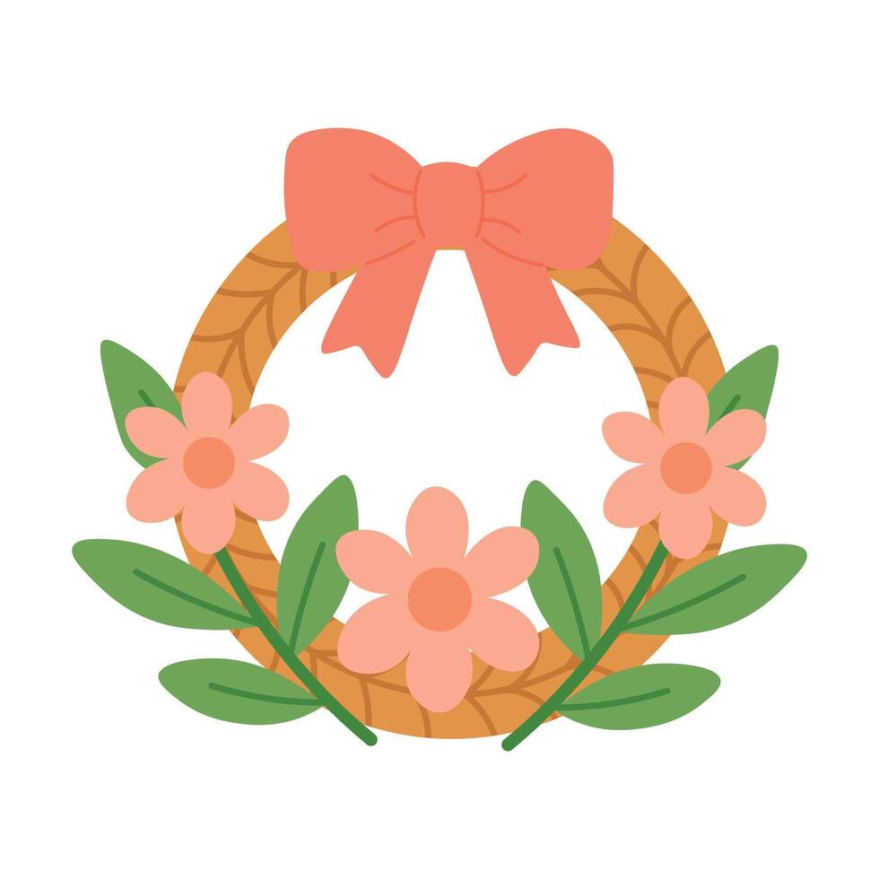 Cartoon floral wreath with soft pink flowers, fresh green leaves and a large ribbon bow. vector