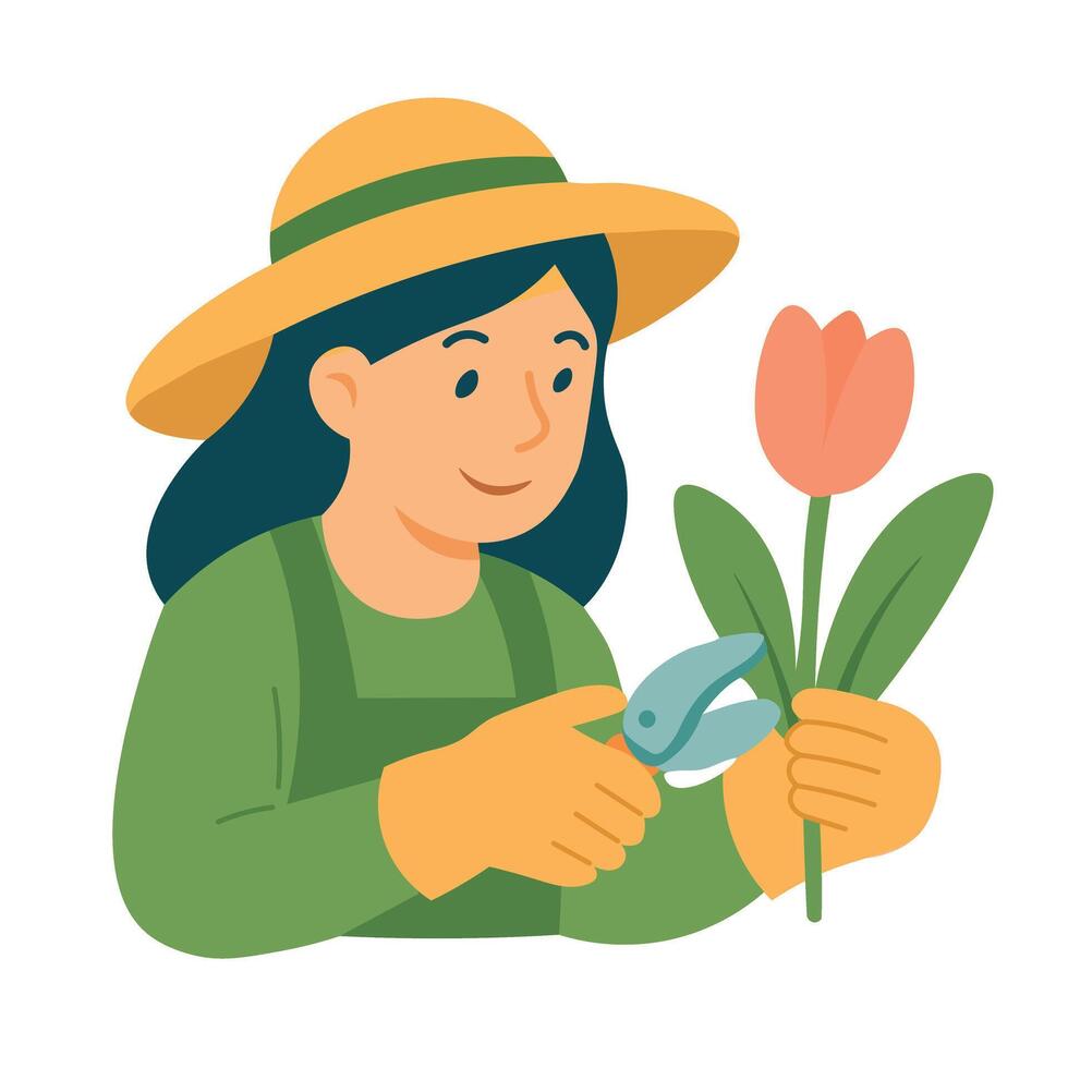 Smiling woman cutting tulip with garden scissors. Spring gardening character illustration. vector