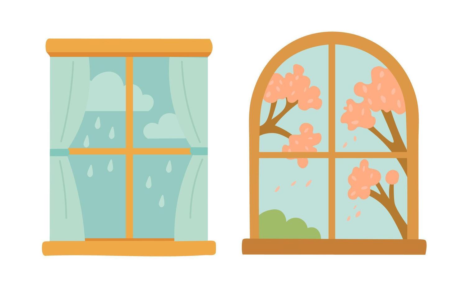 set of two cartoon windows with spring views, rainy and sunny floral scenes outside. vector