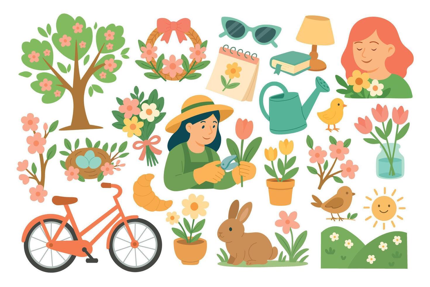 Cute spring gardening set with flowers, tools, birds, trees, animals, and seasonal elements. vector