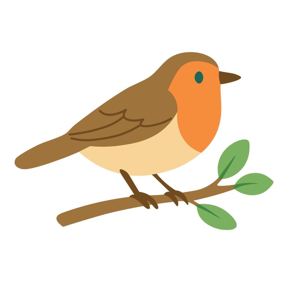 Cute little bird with orange chest sitting on a branch. Bright flat spring illustration. vector