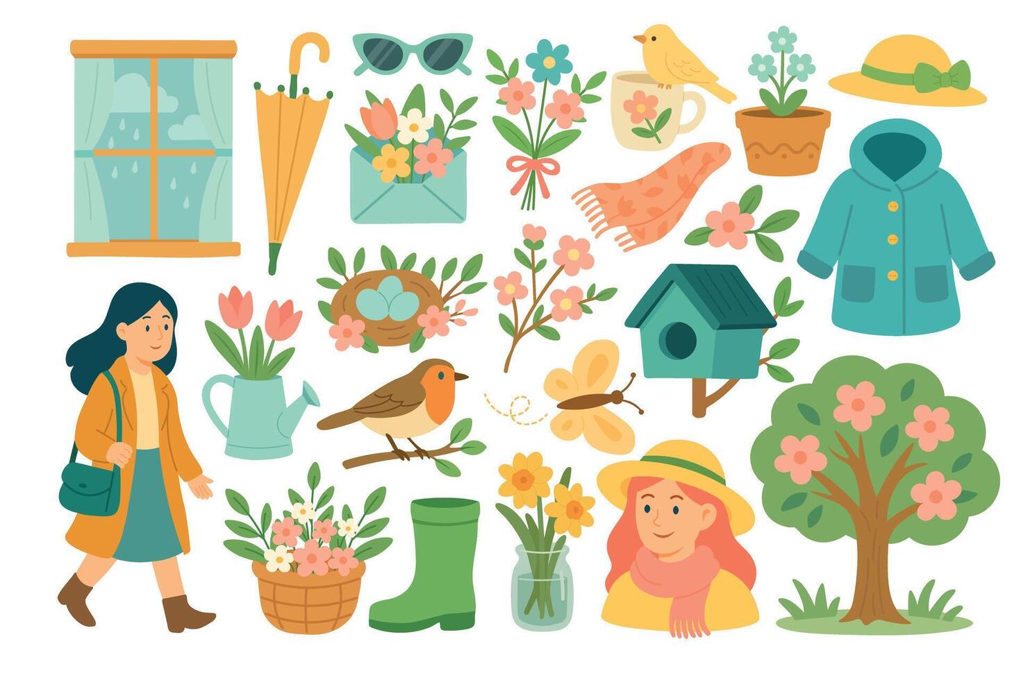 Collection of spring-themed elements with flowers, clothing, birds, trees, accessories and garden tools. vector