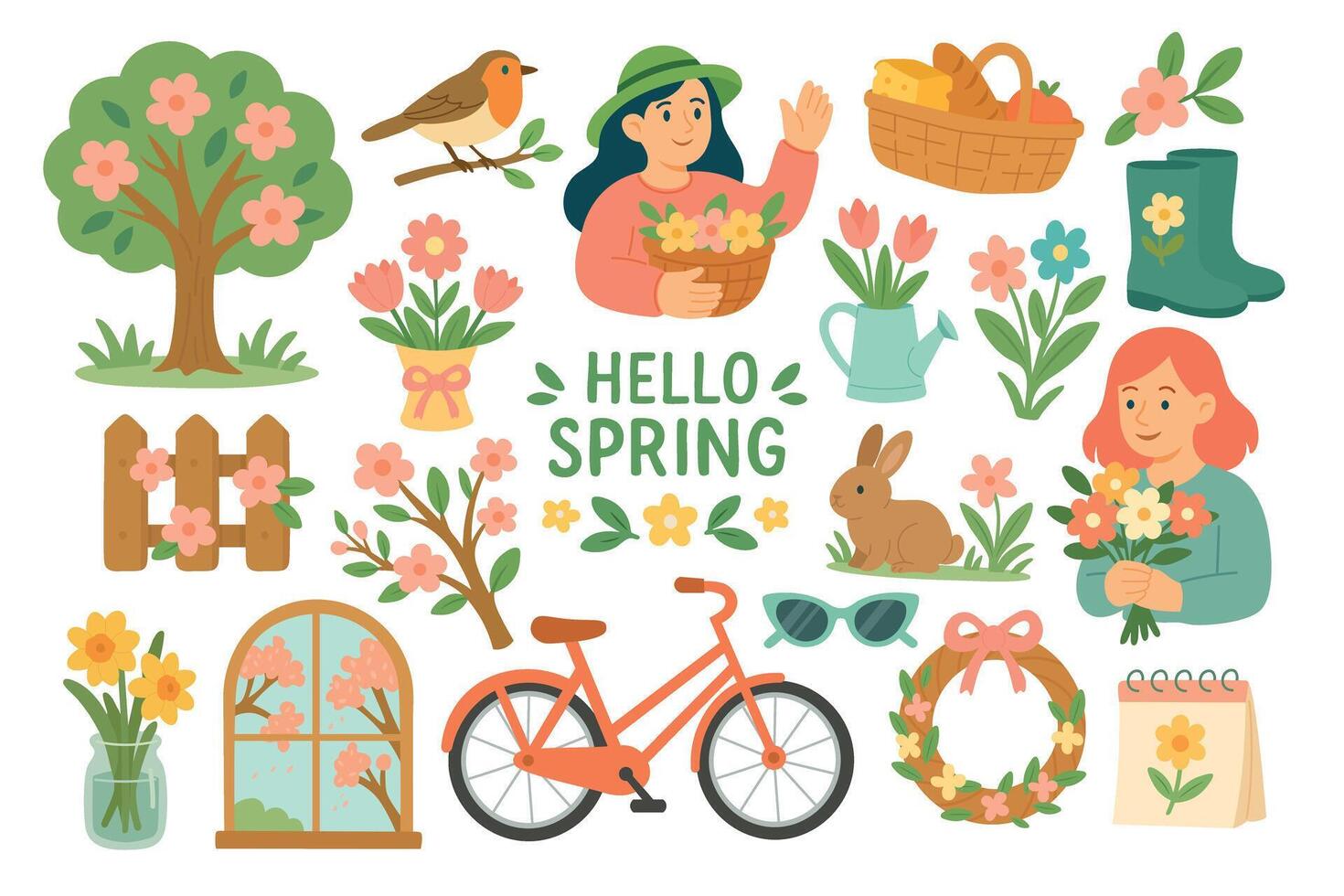 Bright spring set with flowers, tree, bicycle, bunny, watering can, people and decorations. vector