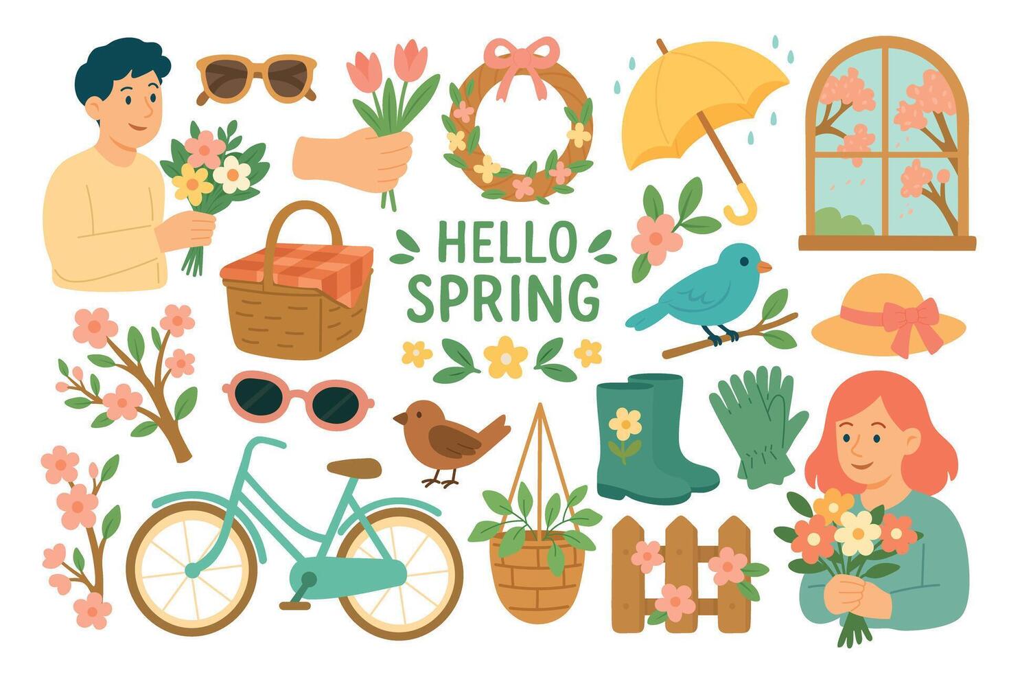 Bright spring-themed illustrations with flowers, accessories, birds, people, and seasonal garden elements. vector