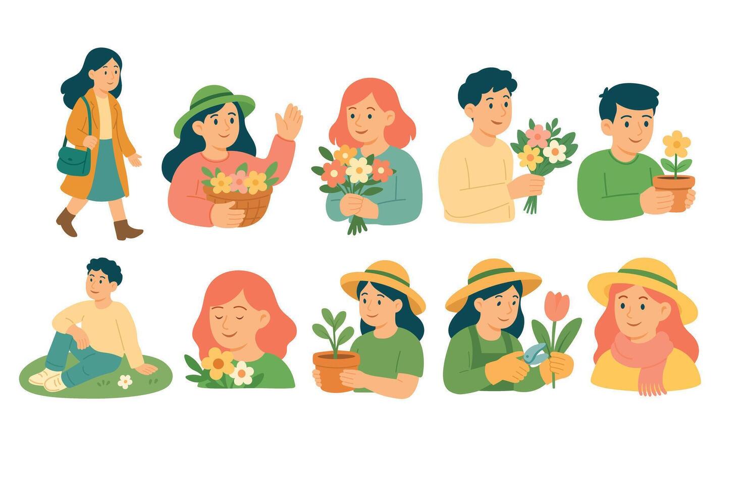 Collection of cartoon people in spring clothes holding flowers, relaxing, gardening and enjoying warm weather. vector