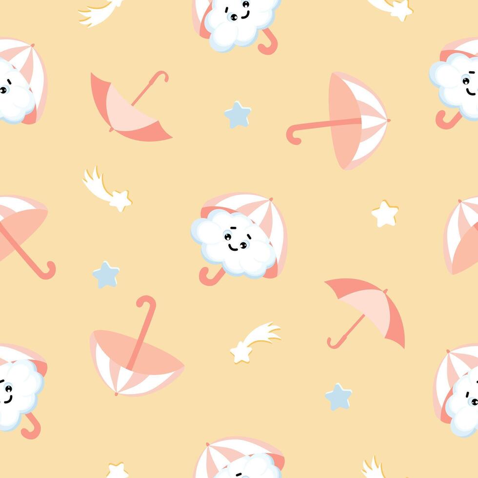 Seamless pattern of cute kawai clouds, stars and umbrella on orange background. Design for children's textiles, bed linen, pajamas, wallpaper and much more. vector