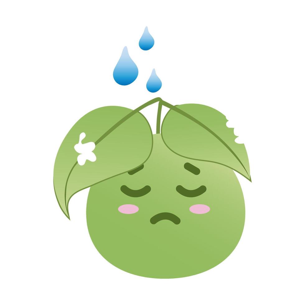 Funny green sprout face with sad emotion. Wailful plant with drooping, holey leaves. illustration EPS 10. vector