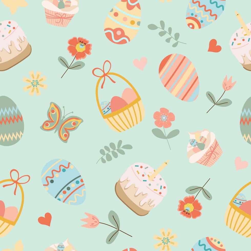 Happy easter. Seamless pattern with easter eggs, easter cake, flowers on white background. vector