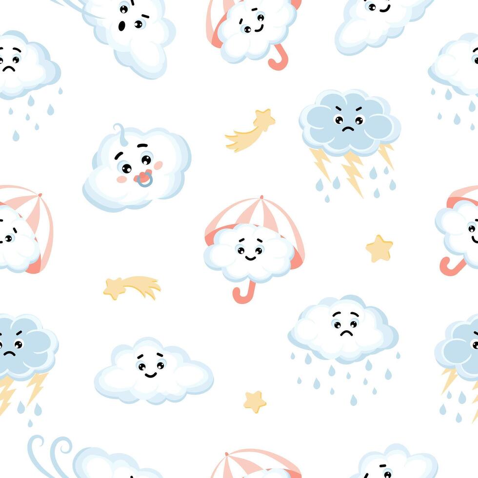 Seamless pattern of cute kawai clouds, stars, raindrops and umbrella on white background. vector