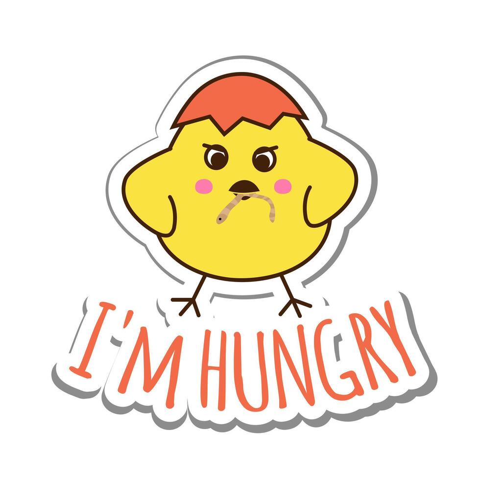 Sticker with cute hungry yellow chicken in eggshell with a worm in its beak. Postcard illustration isolated on white background. vector