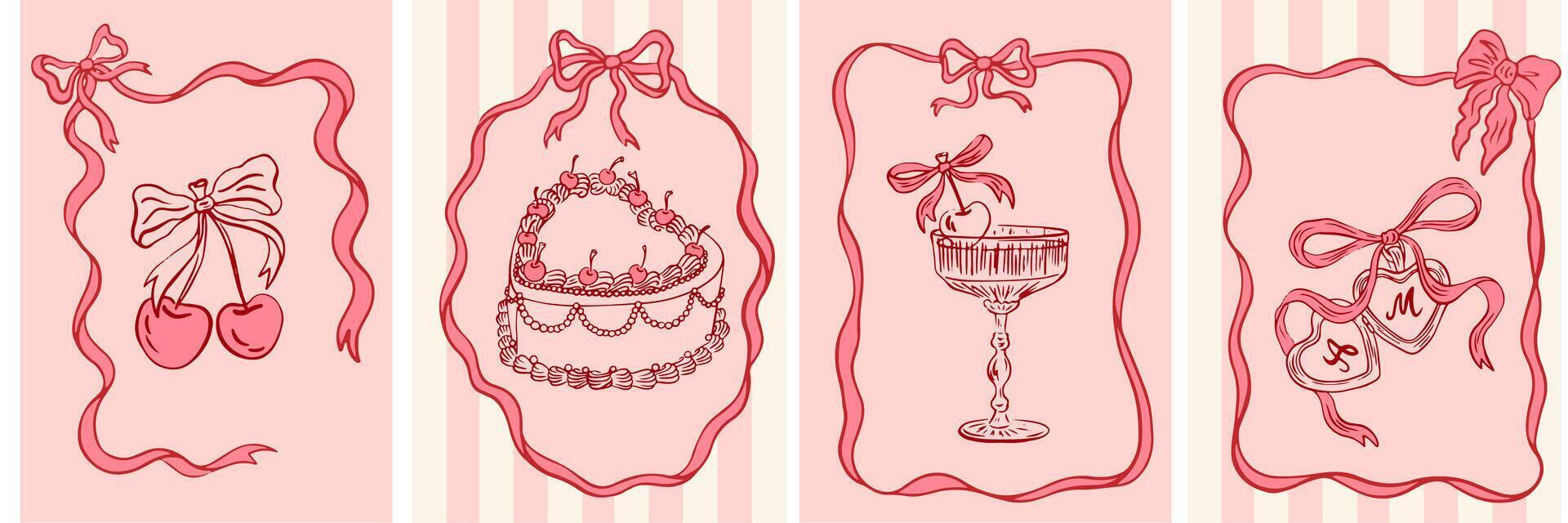 Vintage greeting cards in coquette style. Hand drawn whimsical frames with elegant bows and ribbons. Template for poster, banner, wedding invitation, Valentines day, birthday card.,. illustration vector