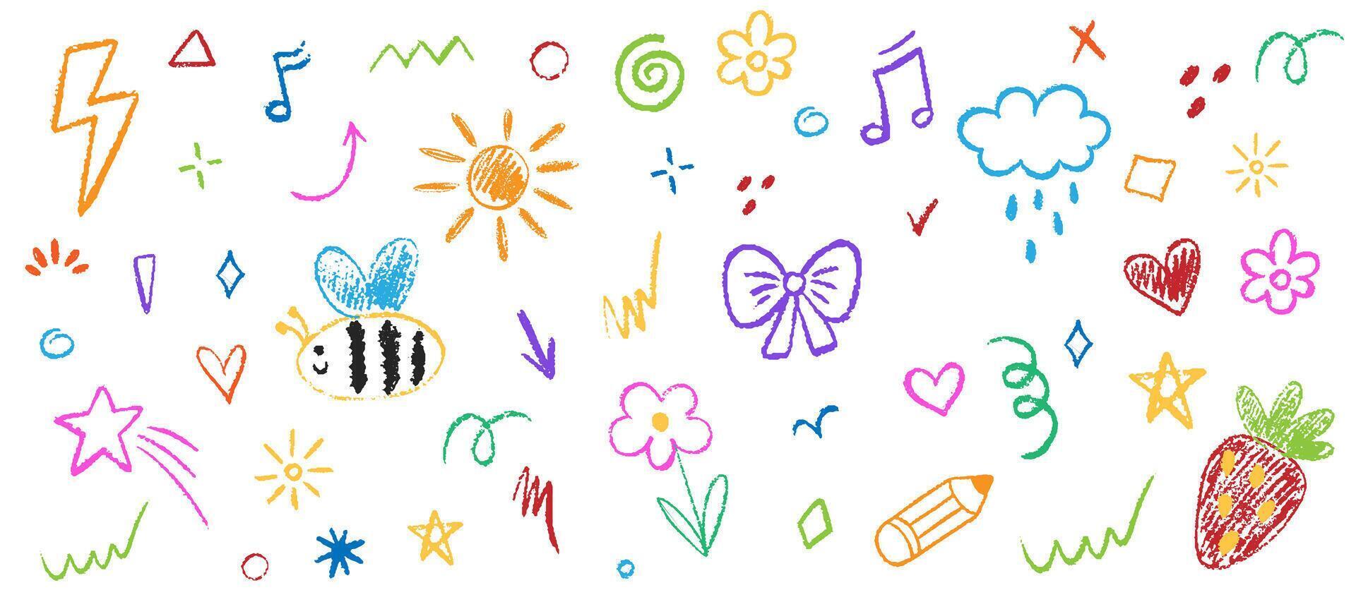 Crayon kid elements. Hand drawn preschool kindergarten doodle icons. Cute children drawings, flowers, bows, cloud, sun, heart in sketch style. Preschool kindergarten, daycare illustration vector