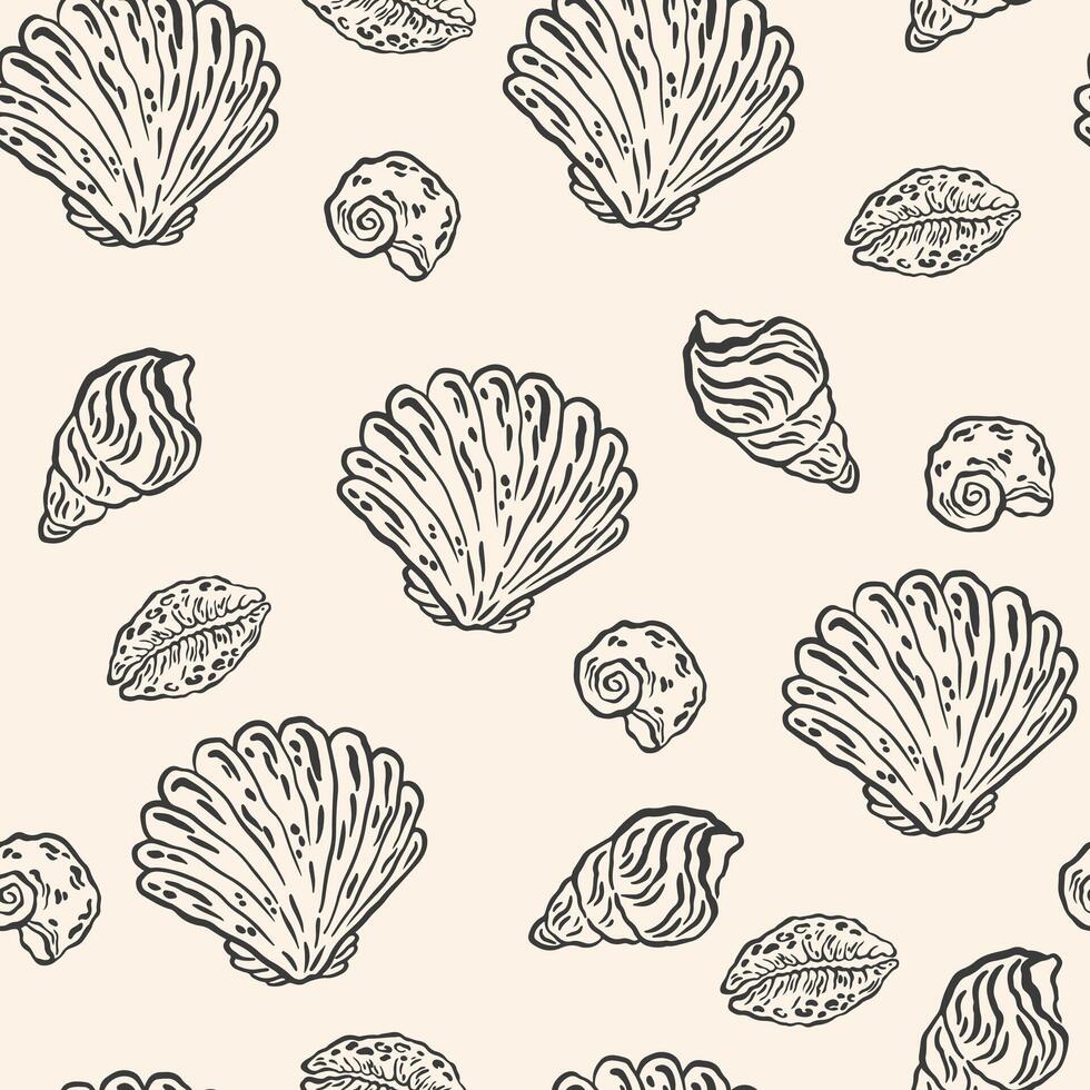 Marine seamless pattern with seashells. Hand drawn minimalist sea print. Tropical vacation, beach and ocean concept. background perfect for prints, fabric, textile, wallpaper, wrapping. vector