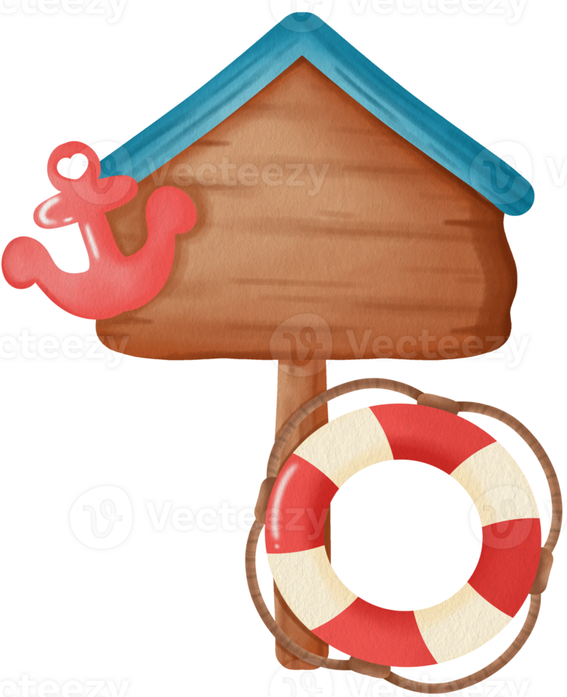 Cute Wooden Sign with Anchor and Lifebuoy , Cartoon Nautical Sign,Coastal Wooden Sign ,Anchor and Lifebuoy Wooden Sign,Beach Theme Wooden Sign Illustration png