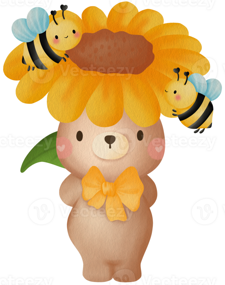 Cute Bear Sunflower Bees Teddy Bear with Sunflower and Bees Cartoon Bear Sunflower Honeybees png