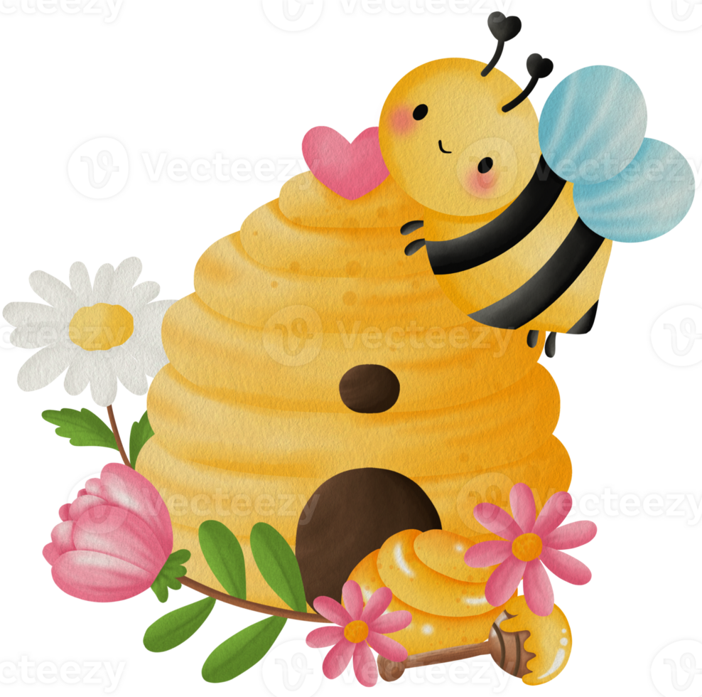 Cute Bee with Honeycomb Hive and Flowers png