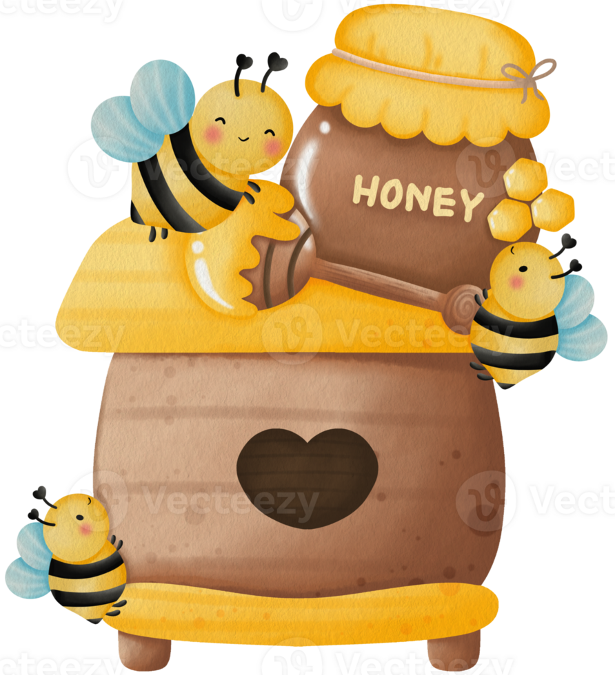 Happy Bees with Honey Hive and Jar,Sweet Honeycomb Home and Treats png