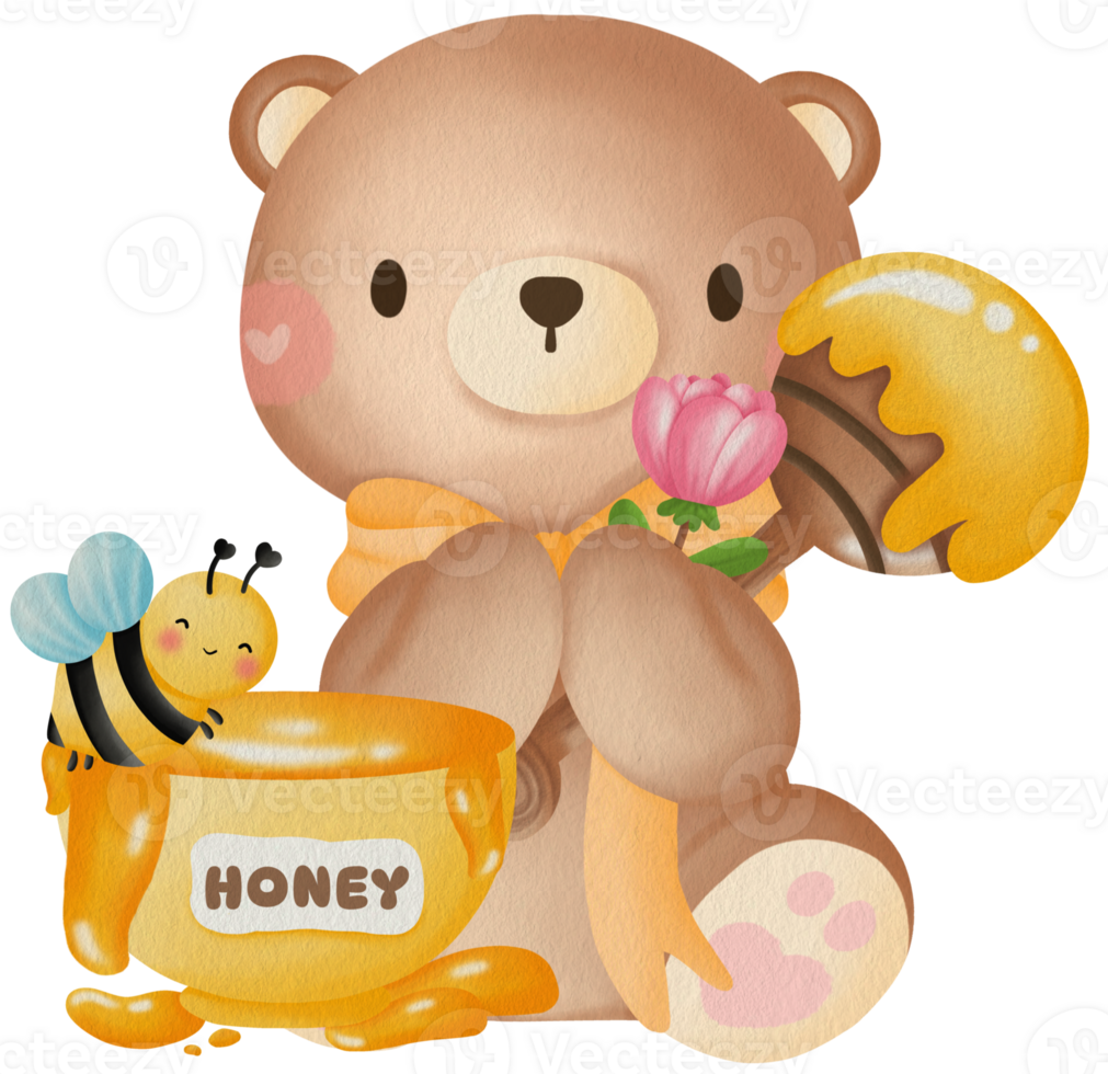 Cute Bear Honey Pot Bee Flower Teddy Bear with Honey and Bee Flower Cartoon Bear Honey Jar Bee png