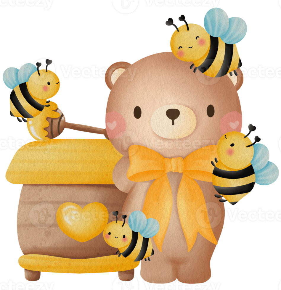 Cute Bear Bees Honeycomb Teddy Bear with Bees Honey Cartoon Bear and Honey Bees png
