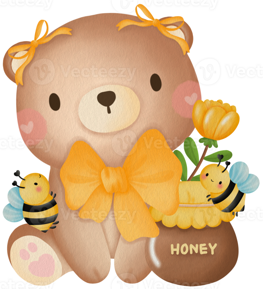 Cute Bear Honey Pot Bees Flowers Teddy Bear Honey Jar Bees Flowers png