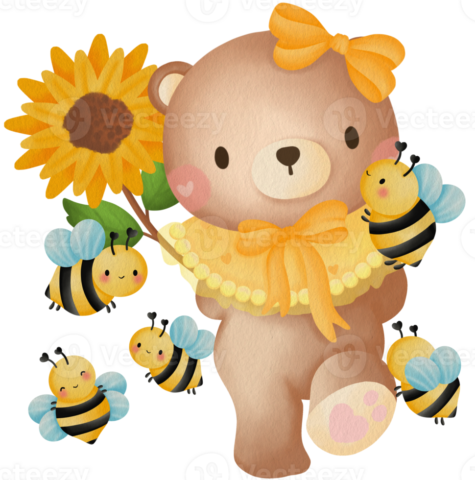 Cute Bear Sunflower Bees Teddy Bear with Flower Bees png