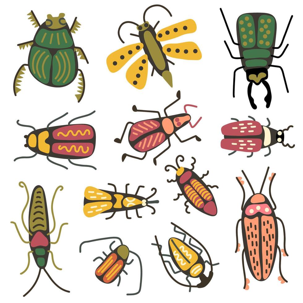 colorful bugs collection with diverse shapes and sizes on a white background. concept of nature, insects, biodiversity. whimsical, playful, garden decor, kids entertainment. vector