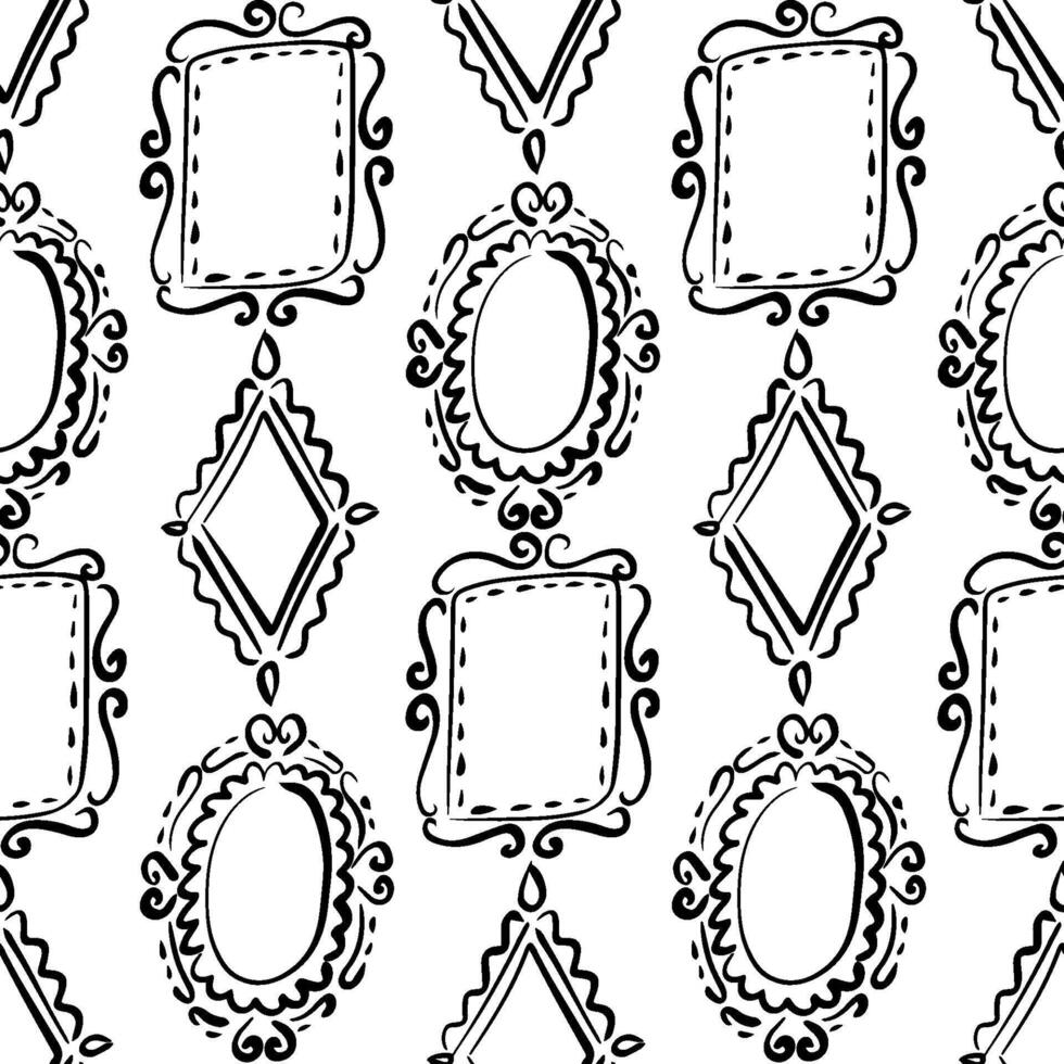 Seamless pattern of vintage decorative frames with elegant black hand-drawn swirls and borders in oval, diamond, and rectangular shapes on white background - perfect for textiles, wallpaper, design vector