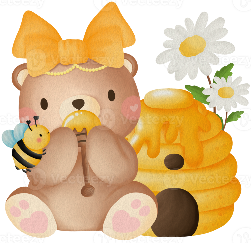 Cute Bear Honeycomb Bees Flowers Teddy Bear Honeycomb Honey Bees Cartoon Bear Hive Honey Flowers Bees png