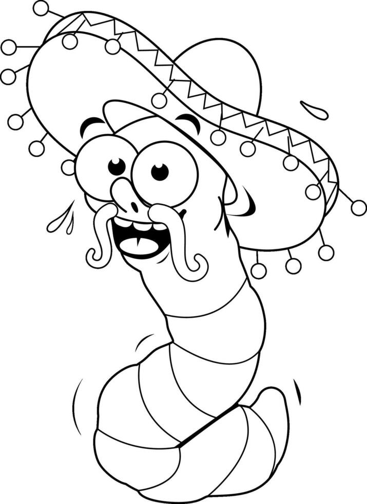 Cartoon tequila worm with a Mexican sombrero hat. Cinco de Mayo tequila drink celebration. Mariachi party. Black and white coloring page. vector