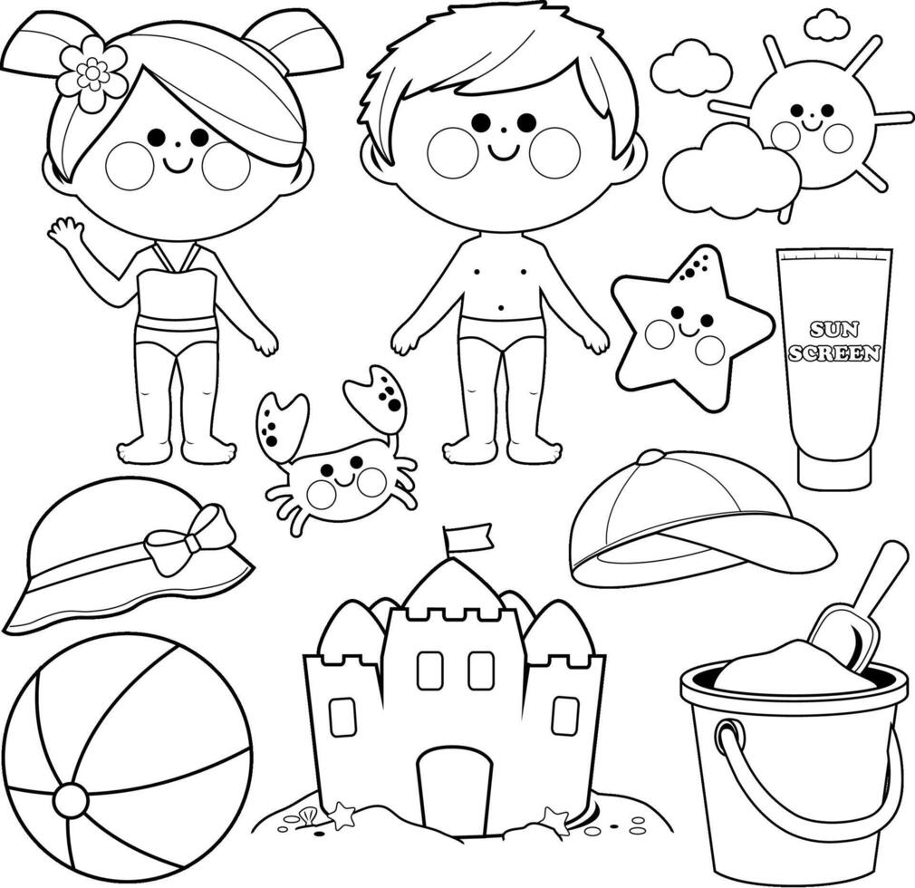 Boy and girl with swimsuits at the beach. Summer vacation set. Black and white coloring page. vector