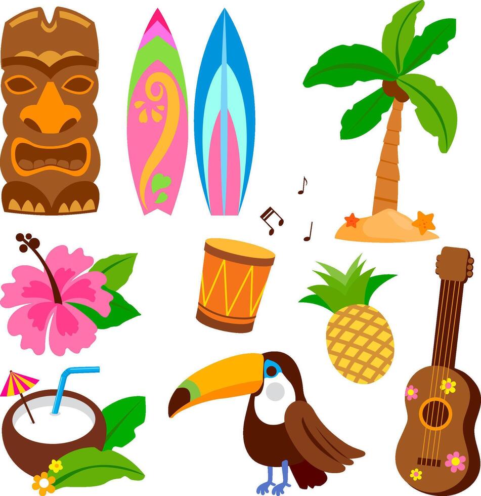 Island vacations set. Luau party with music and drinks, fun surfing objects. Toucan bird, tiki mask and other vacation objects. Hawaiian beach summer collection. vector