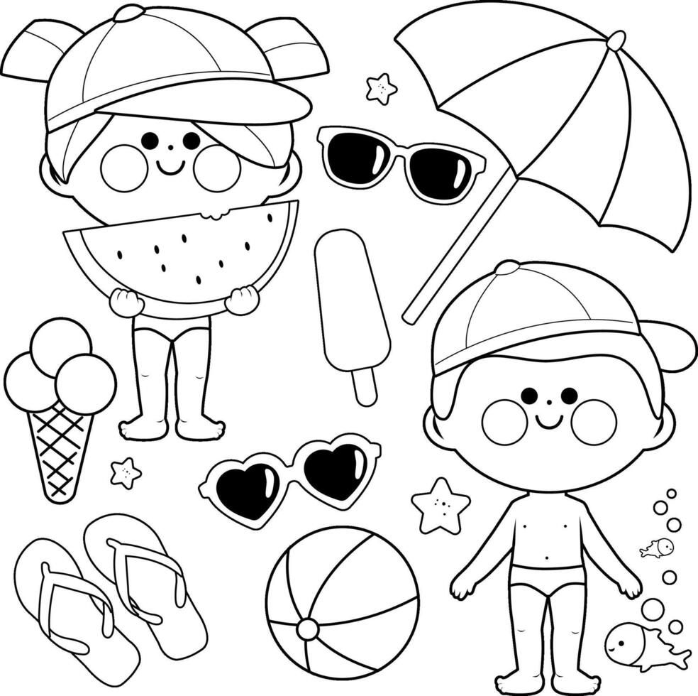 Children at the beach on summer vacations with swimsuits and hats. Happy kids fun set on a summer holidays island. Black and white coloring page. vector