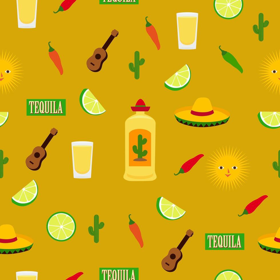 Mexican bottle of tequila seamless pattern. Summer Mexican sun background with sombrero hat, Cinco de Mayo celebration with music and drinks. vector