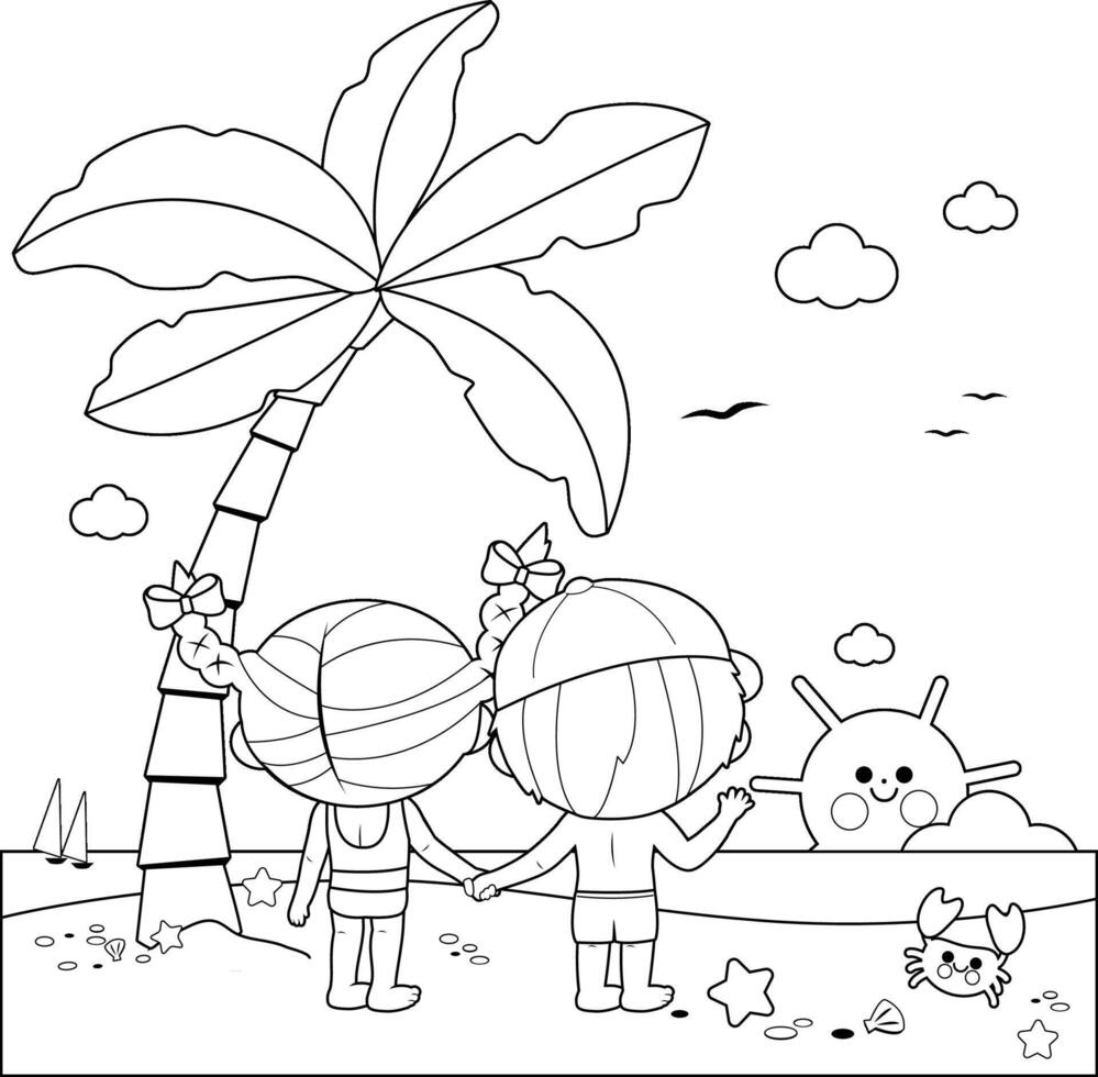 Children at the beach under a palm tree looking at the sun. Kids on a summer vacation island. Black and white coloring page. vector