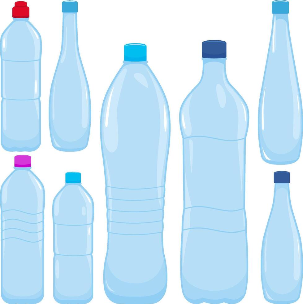 Set of plastic or glass water bottles. Water bottles set. Fresh water drink, various bottle shapes. Clean drink in plastic container. vector