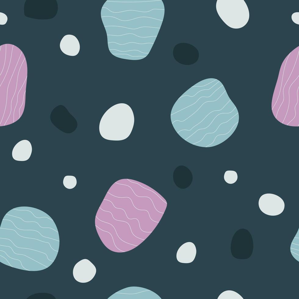 stylish abstract seamless pattern backdrop in pale blue and purple tones with simple organic shapes and dots, whimsical design on dark grey background vector