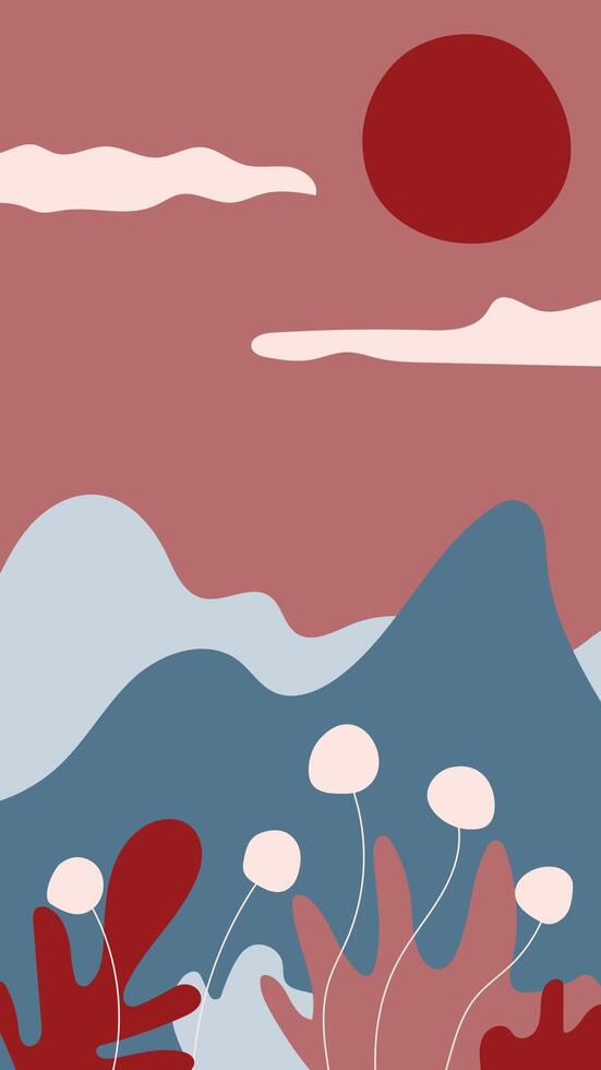 vertical abstract background stylish flat landscape in limited colors with mountains sun, plants and flowers in pastel tones vector
