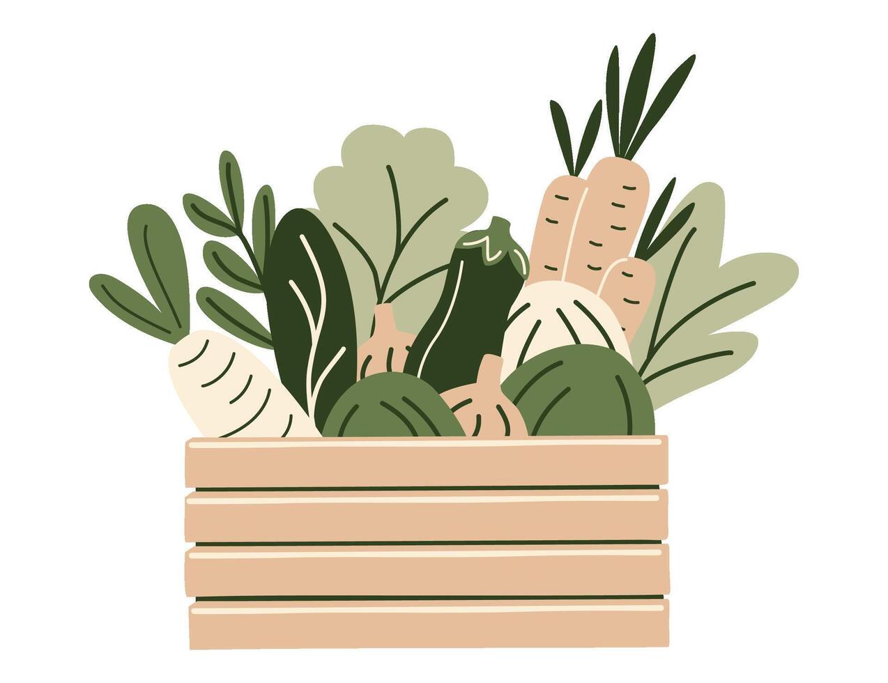 Wooden crate filled fresh grocery healthy food products from supermarket or farmer market. Vegetables, greens in zero-waste packaging for eco-friendly design. illustration in organic flat style vector