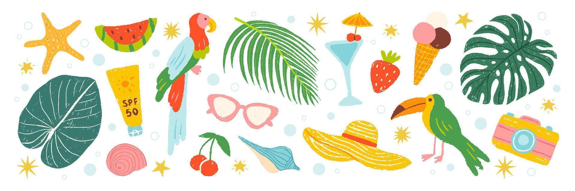 Summer hand drawn crayon icons set. Tropical vacation on beach collection elements. flat illustration vector