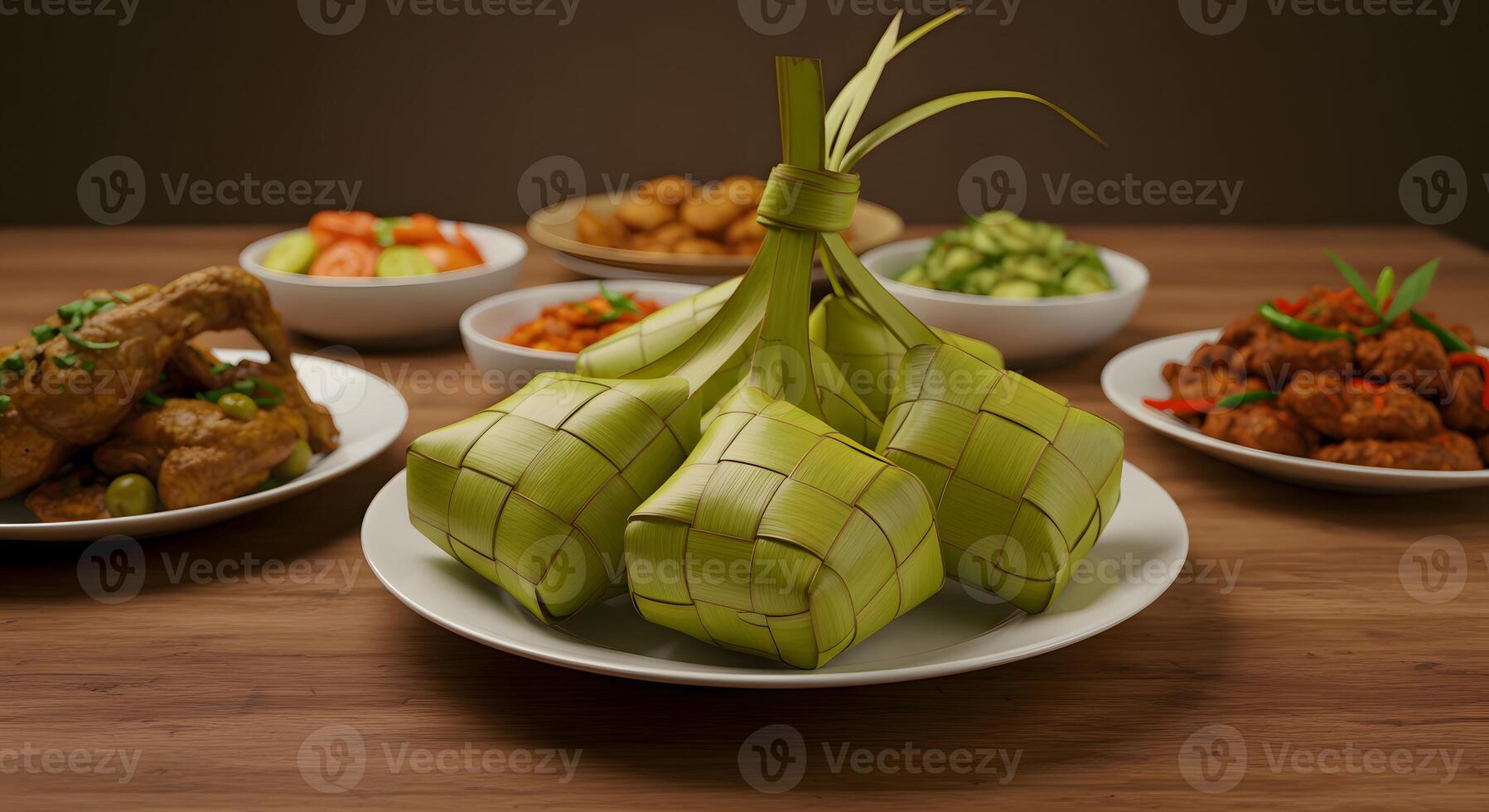 Ketupat on Dining Table with Eid Dishes, Traditional Food photo
