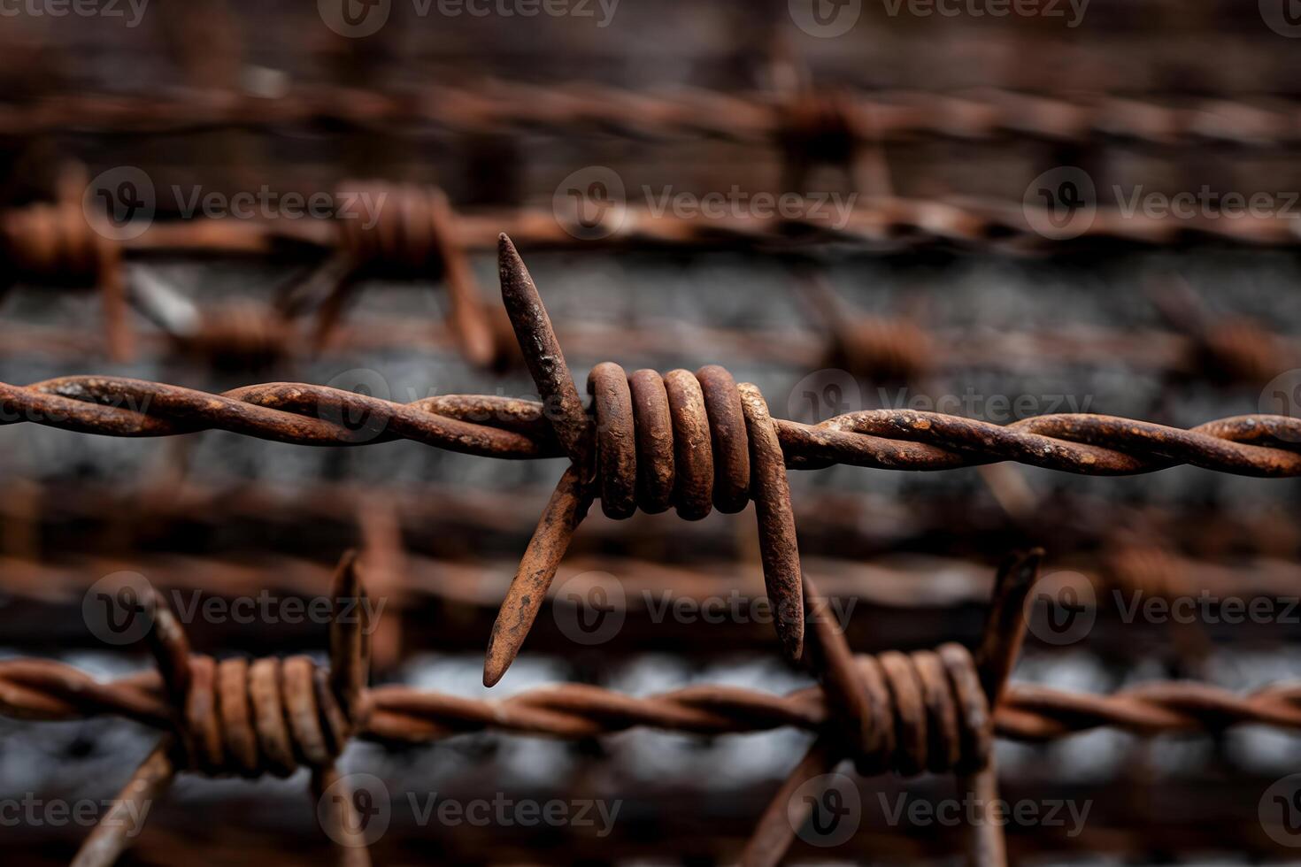 Rusted barbed wire with sharp spikes against a blurred background photo