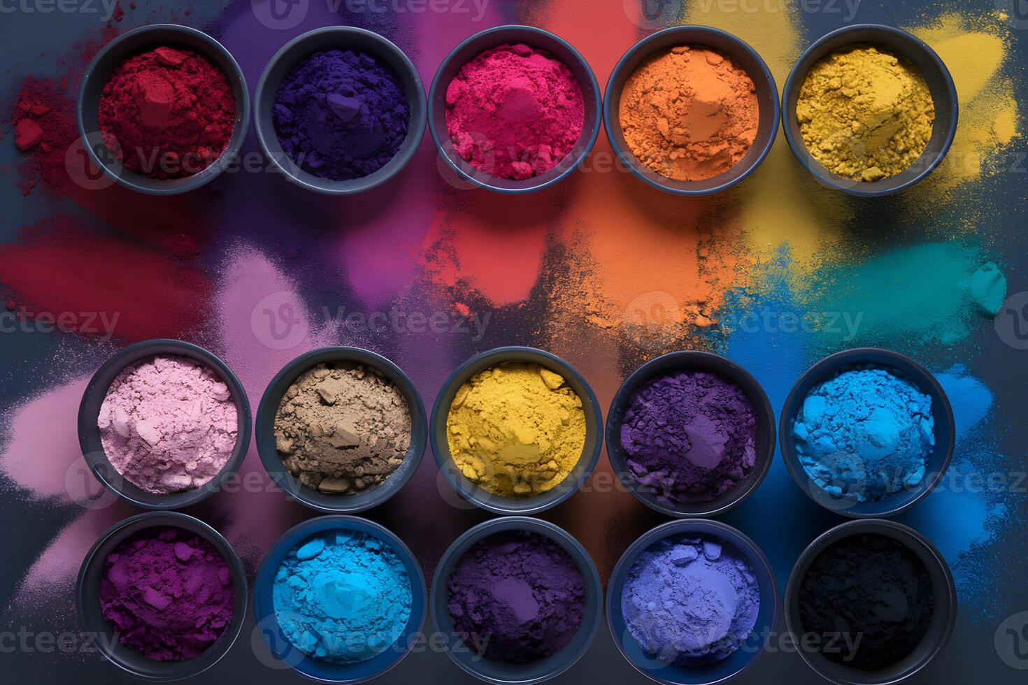 Colorful powders in round bowls arranged in a smooth gradient photo